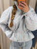 Floral Print Zip Button Stand Collar Quilted Jacket Drawstring Waist Oversized Autumn Women Coat Casual Chic Lady Outerwear