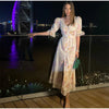 Elegant Ruffle Women's Long Dresses V Neck Half Sleeve Button Waist Cinching Pleated Dress Spring Lady Party Robes