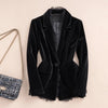 Women's Black Velvet Blazer Jacket with Gold Accents & Lace Trim Spring Autumn Cropped Suit Top Outerwear w1532