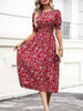 Women's Floral Print Puff Sleeve Dress, Round Neck Waist Tie Design, Boho Style Woven Fabric, All Season Wearable