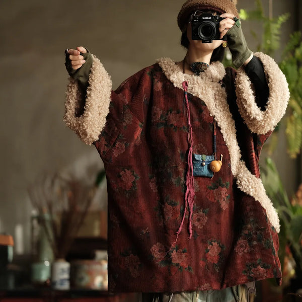Women Corduroy Print Floral Parkas Red Winter Coats Warm Patchwork Wool Plus Cotton Women Loose Pullover Parkas