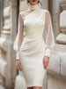 Women Mock Neck Mesh Long Sleeve Midi Dress Asymmetric Ruched Waist Slim Bodycon Elegant Wedding