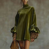 Autumn Turtleneck Solid Soft Velvet Dress Woman Casual Patchwork Leopard Ruffle Mini Dress Winter Long Sleeve A-Line Party Dress