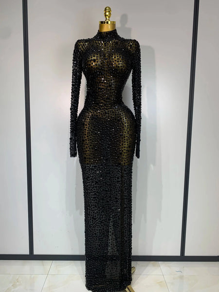 Sparkly Rhinstones Long Sleeve Elegant Party Dress Women Performance Stage Outfit Evening Birthday Prom Gown