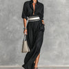 Women's Shirt Maxi Dress with Wide Striped Belt Roll-Up Sleeve High Slit Elegant Casual Formal Outfit