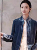 Retro Chinese Style Navy Blue Velvet Jacket, Women's French Chic Shirt Collar Blazer Elegant Business Tops J014