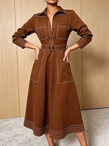 Krisstargirls Autumn Button Down Lapel Brown Shirt Maxi Dress Woman Spring Pockets Women A-line Long Dresses Belt
