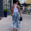 Daily Blue Pocket Ruched Frayed Trim Casual Contrast Denim Jeans High Street Vintage Casual Asymmetric Denim Trousers for Women