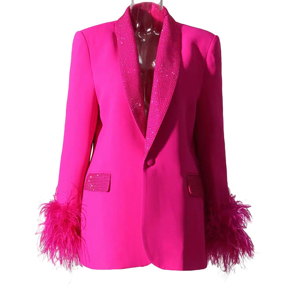 Women's Sparkle Diamond Blazers Coat Female Streetwear Long Sleeve Casual Spliced Feather Chic Suit Coats