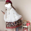 Japanese Kawaii Lolita Style Plush Hooded Poncho Coat Women Sweet Warm Knitted Bow Short Jackets Vintage Elegant Cloak Outerwear