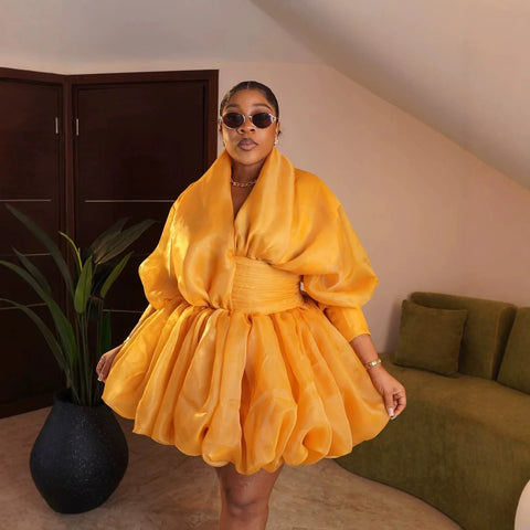Women Organza Puff Mini Dress V Neck Lantern Long Sleeve Ruched Waist Bubble Hem Short Cocktail Dress Wedding Guest Party Dress