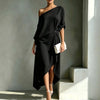 Women One Cold Shoulder Midi Dresses Loose Solid Draped Knot Waist Irregular Hem Dress Elegant Guest Holiday Formal Dress