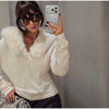 Women's Knitwear Faux Fur Collar Patchwork Knitted Cardigan Autumn Female Long Sleeve Single Breasted Solid Coats Chic Partywear