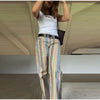 Multicolor Striped Low Waisted Pants Straight Leg Full Length Retro Colorful Trousers Spring Casual Lady Daily Wear