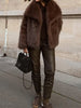 Solid Brown Fluffy Fur Jacket Women's Casual Lapel Loose Long Sleeves Thicken Warm Short Coat Winter Lady Commute Wear