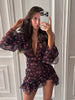 Women Elegant Flora Painted Ruffle Mini Dress Chic Full Sleeve Deep V-neck Slim A-line Dresses Lady Vacation Street Gowns