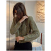 Women Round Neck Tweed Jacket Fringe Trim Long Sleeve Open Front Cropped Texture Outerwear Lady Elegant Daily Street Coat