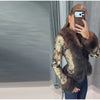 Printed Faux Fur Splicing Jacket Autumn Winter V-neck Slim Waist Cinched Full Sleeve Cropped Coat Women's Outwear