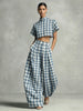 Women's Blue Plaid Two Piece Set Mock Neck Crop Top High Waisted Wide Leg Pants Casual Elegant Outfit