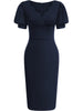 Women Elegant Cutout V-Neck Puff Sleeve Vintage Slim Work Office Cocktail Party Business Sheath Bodycon Pencil Dress