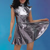 Women Metallic Shiny Dress Holographic Solid Color Turtleneck Pleated Dress Carnival Costume Gold Silver Rave Dress Outfits