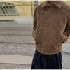 Brown Suede Toggle Coat For Women Casual Lapel Long Sleeve Gold Buckle Cropped Jacket Lady Spring Chic Streetwear