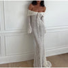 Vintage Hollow Out Floral Lace Off Shoulder Maxi Dress Women Flare Long Sleeve Slim Dresses Elegant Lady Party Robe