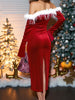Women Christmas Dress Slim Fuzzy Trim Off Shoulder Long Sleeve Midi Bodycon Dress for Evening Party Club