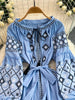 Women's Dress Spring Vintage Embroidery Lace-up O-Neck Versatile Loose Bandage Waist A-line Mid-length Vestidos DS354