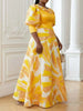 Plus Size Women Printed Satin Maxi Dress Fold Over Neck Puff Three Quarter Sleeve A Line Formal Wedding Guest Evening Dress