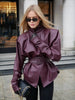 Lady Retro Burgundy Belted Leather Jacket Solid Stand Collar Long-sleeved Cropped Coat Women Daily Street Outerwear