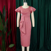 Women Short Ruffles Sleeve O-neck Ribbon Bodycon Midi Dress Street Africa OL Evening Sexy Party Dresses Vestido