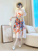 Elegant Plant Floral Printing Pleated Women's Dress Chic Round Collar Lantern Sleeve Elastic Loose Casual Dresses