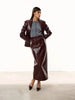 Women Burgundy Croc Faux Leather Notched Lapel Slim Fit Blazer Jacket Single Breasted Long Sleeve Elegant Office