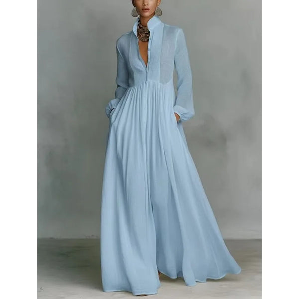 Single Breasted Ladies Pocket Dresses Elegant Stand Collar Long Sleeve Party Dress, Women Spring Solid Casual Dresses
