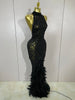 Sparkly Red Rhinestones Feather Sexy Mesh See Through Long Dress Women Birthday Evening Nightclub DJ Dancer Stage Costume