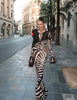 Women Zebra Stripe Long Dress Elegant Lace Up Full Sleeve Slim-fit Robes Evening Party Lady Vestidos