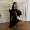 Black Hollow Out Mini A-line Dress Women Sexy Round Neck Full Sleeve Waist Cinching Short Dresses Lady Chic Party Club Robe