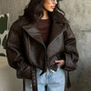 Retro Solid Lace Up Leather Short Jackets Women Chic Lapel V-neck Waist Cinching Cropped Jackets Lady Daily High Street Outwear