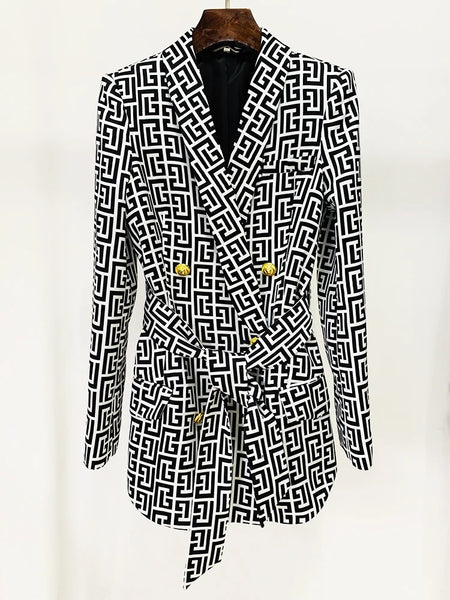 High Street Stylish Designer Jacket Women's Double Breasted Monogram Printed Shawl Collar Belted Blazer