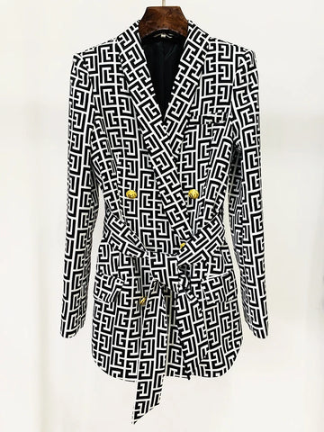 High Street Stylish Designer Jacket Women's Double Breasted Monogram Printed Shawl Collar Belted Blazer