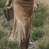 Western Retro Solid Suede Spliced Tassel Dress Woman Sexy Hollow Zipper Lapel Party Dress Autumn Long Sleeve Slim Bodycon Dress