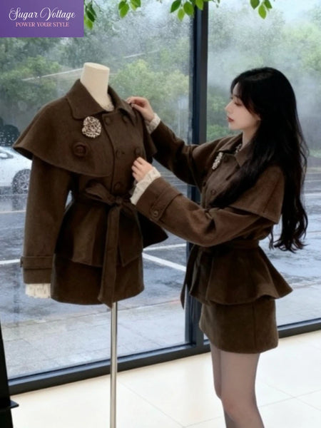 French Casual Retro Tweed Two Piece Set Women Autumn Winter Slim Double Breasted Cape Coat + Belted Skirt Elegant Vintage Outfit