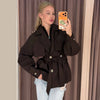 Women Short Belted Trench Coat Lapel Double Breasted Long Puff Sleeve Loose Fit Jacket Casual Daily Office Ladies Outerwear