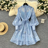 Women Elegant Floral Emboridery Dress Hollow Out Long Sleeve Single Breasted Belt French Court Chic Short A Line Dress
