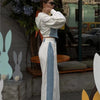 Contrast Color Patchwork Hoodies Pants Set Women Zipper Short Hooded Coats Lace Up Wide Leg Pant Spring Autumn Tracksuit