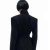 Women Black Blazer Stand Collar Metal Buckle V-Neck Hollow Waist Slim Fit Party Long Suit Jacket