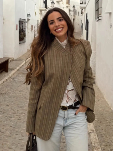 Chic Plaid Women's Blazer Jacket Stand Collar Full Sleeve Single Button Female Coats Spring Casual Commute Lady Outwear