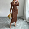 Women Polo Collar Knit Maxi Long Dress Elastic Ribbed Long Sleeve Bodycon Sweater Dress Elegant Ladies Party Casual Outfits