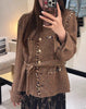 Female Elegant Turndown Collar Sequin Tweed Jacket Sets Belt Single Breasted Autumn Coat Two-Piece Set Mid-Calf Skirts Outfits